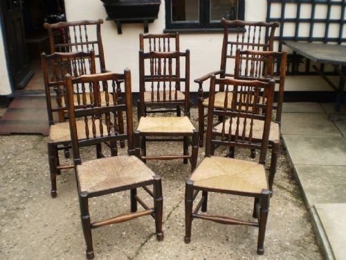 fig 4. Chairs 19th century Oak and Ash rush seated Lancashire set of eight