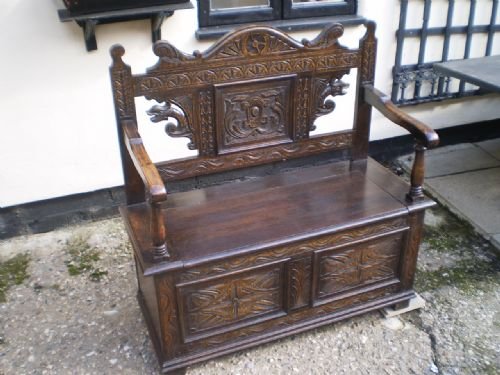 fig 1. Settle bench Victorian carved Oak c1890