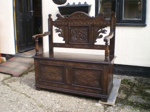 fig 2. Settle bench Victorian carved Oak c1890
