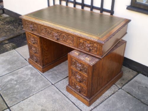 fig 2. Desk Victorian carved Oak lion mask green man c1890