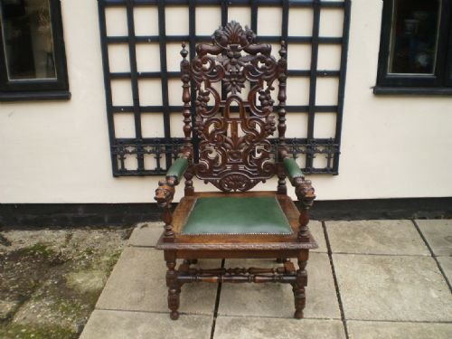 Chair Antique Victorian Carved Oak Throne Chair C1880