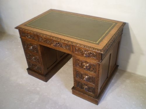 Desk Antique Victorian Carved Oak Lion Mask Green Man C1880