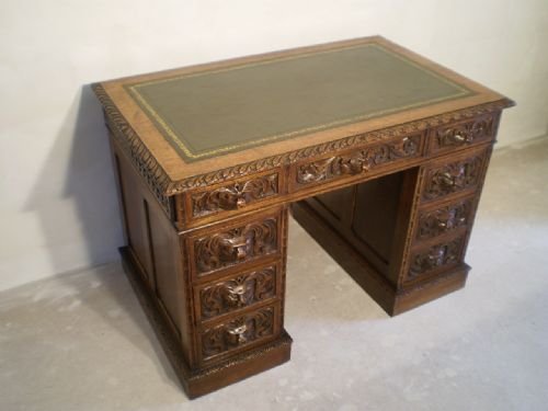 fig 2. Desk antique Victorian carved Oak Lion mask green man c1880