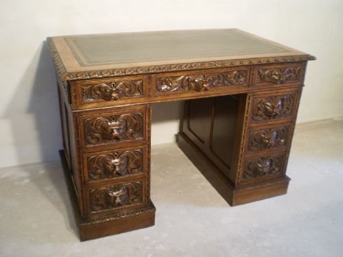 fig 3. Desk antique Victorian carved Oak Lion mask green man c1880