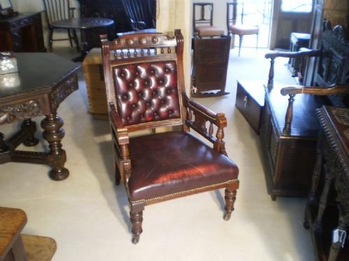 Chair Victorian Walnut and Leather Library Armchair C1890