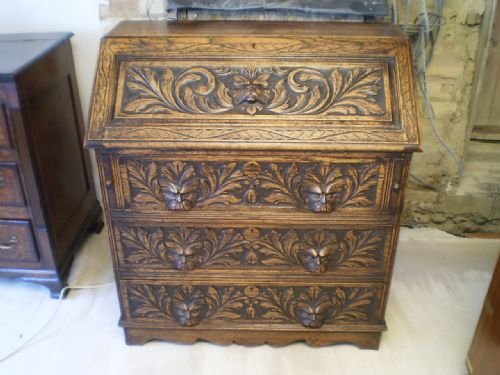 Bureau Victorian Desk Carved Oak Green Man C1890