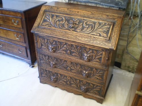 fig 1. Bureau Victorian desk carved Oak green man c1890