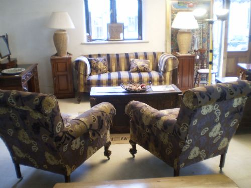 fig 3. Settee sofa 3 piece Victorian Chesterfield plus armchairs recently upholstered