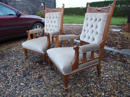 Chairs Victorian Oak Arts and Crafts Armchairs Pair C1900 for Re-covering