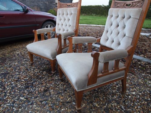 fig 1. Chairs Victorian oak arts and crafts armchairs pair c1900 for re-covering