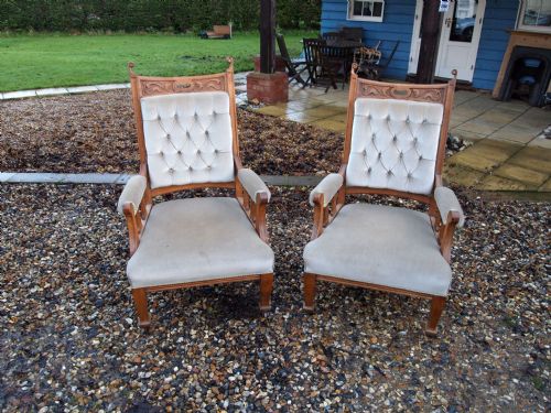 fig 2. Chairs Victorian oak arts and crafts armchairs pair c1900 for re-covering
