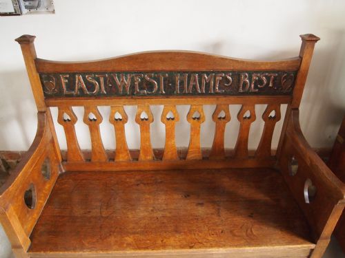 fig 1. Settle bench Shapland and Petter rare Oak motto settle c1900
