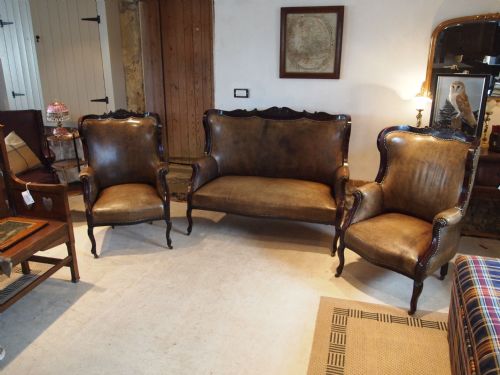Chairs Settee Victorian Leather 3 Piece Suite Carved Frame C1890