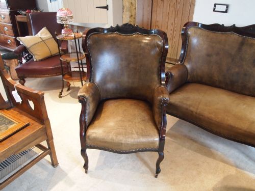 fig 1. Chairs Settee Victorian Leather 3 piece suite carved frame c1890