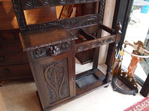 Hall Stand Coat Hooks Stick Stand Victorian Carved Oak C1880
