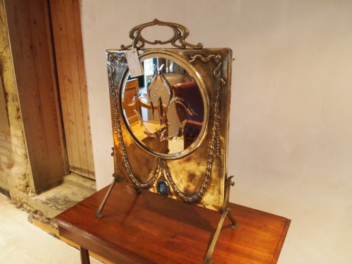 Mirror Fire Screen Arts and Crafts Brass and Cabachon Enamel C1900