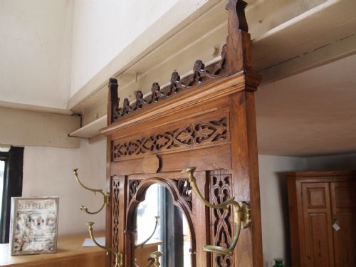 fig 1. Hall stand Arts and Crafts coat hooks stick stand Victorian carved Oak c1880