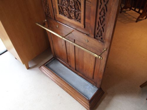 fig 3. Hall stand Arts and Crafts coat hooks stick stand Victorian carved Oak c1880