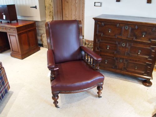 Chair Victorian Walnut and Leather Library Arm Chair C1880