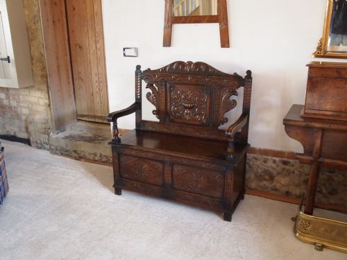 Settle Bench Box Victorian Carved Oak C1890
