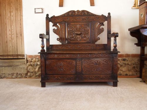 fig 1. Settle bench box Victorian carved Oak c1890