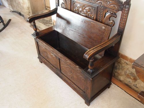 fig 2. Settle bench box Victorian carved Oak c1890