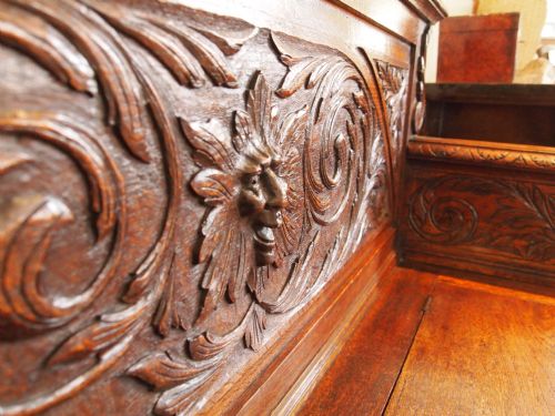 fig 3. Settle Bench hall seat Victorian carved Oak green man c1880