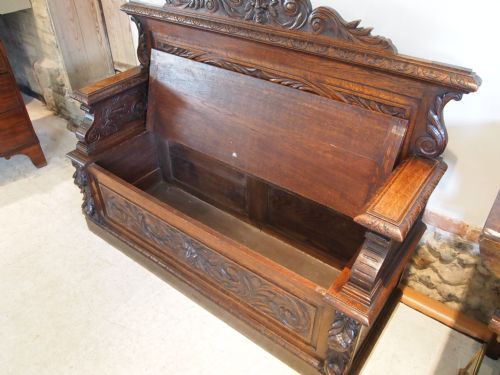 fig 4. Settle Bench hall seat Victorian carved Oak green man c1880