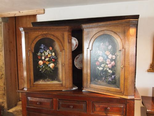 fig 3. Cupboards cabinets Pair of Edwardian Oak corner cabinets painted oil panels
