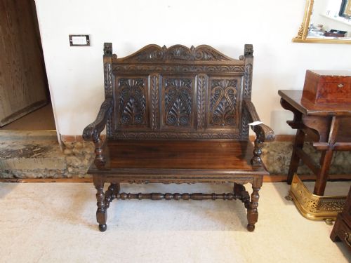 Settle Bench Chair Victorian Carved Oak C1890