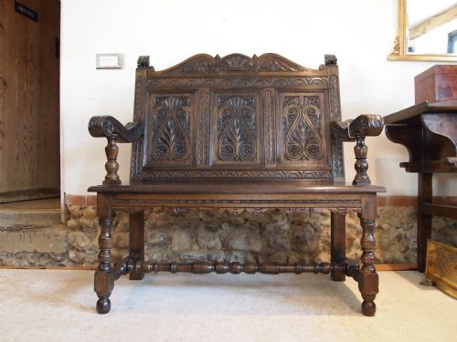 fig 2. Settle bench chair Victorian carved Oak c1890