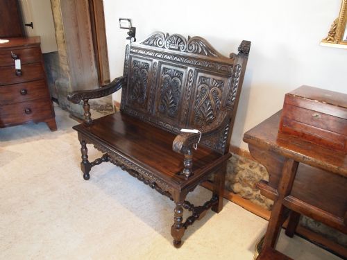 fig 3. Settle bench chair Victorian carved Oak c1890