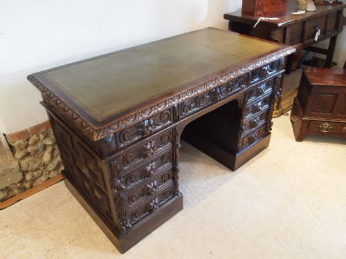 Desk Victorian Carved Oak Twin Pedestal C1880