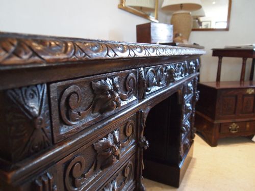 fig 1. Desk Victorian carved Oak twin pedestal c1880