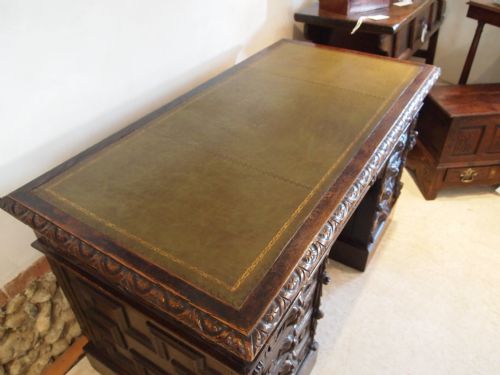 fig 2. Desk Victorian carved Oak twin pedestal c1880