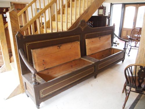 fig 3. Settles benches pair Victorian Pine Irish settles in original paint c1850