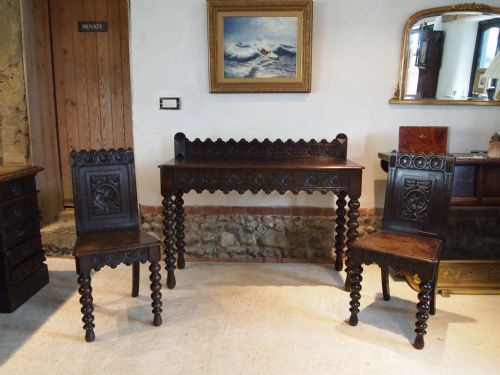 Table Hall Table and Matching Hall Chairs Rare Victorian Carved Oak C1880