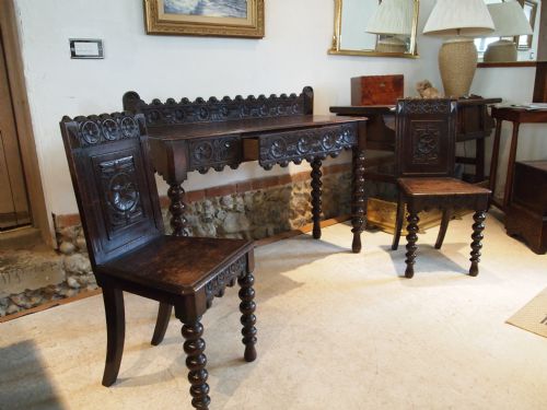 fig 1. Table Hall table and Matching hall chairs Rare Victorian carved Oak c1880