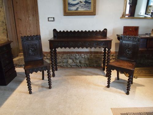 fig 4. Table Hall table and Matching hall chairs Rare Victorian carved Oak c1880