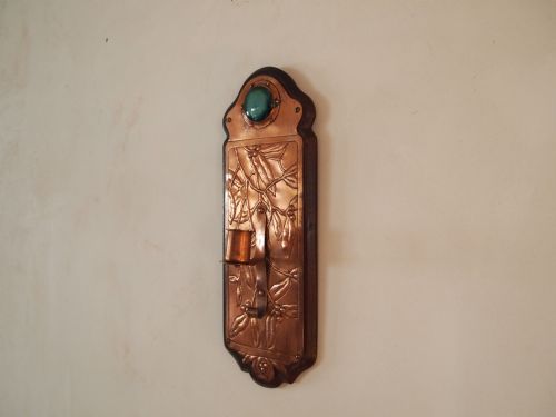 fig 3. Arts and crafts Ruskin Copper and Cabachon enamel wall candle sconce c1900