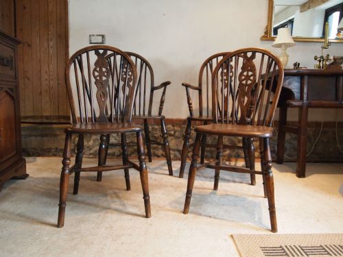 Chairs Victorian Windsor Wheel Backs Set of Four Inc Two Carvers C1880 Elm