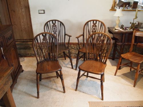 fig 1. Chairs Victorian Windsor Wheel backs set of four inc two carvers c1880 Elm