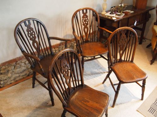 fig 3. Chairs Victorian Windsor Wheel backs set of four inc two carvers c1880 Elm