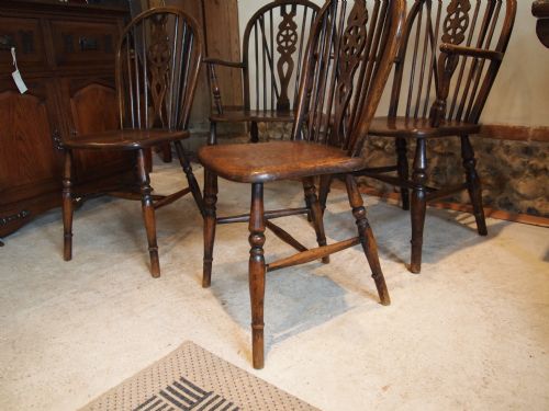 fig 4. Chairs Victorian Windsor Wheel backs set of four inc two carvers c1880 Elm