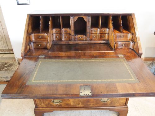 fig 1. Bureau George II figured Walnut exceptional stepped interior c1740