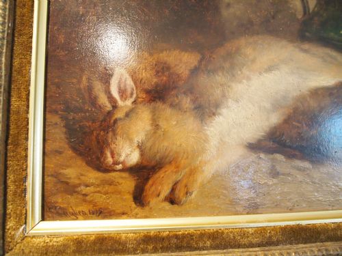fig 1. Oil Painting Still life with rabbit and pot c1877 William Hughes 1842-1901