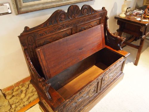 fig 2. Settle bench Victorian carved Oak c1880