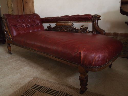 Chaise Long Sofa Settee Victorian Carved Oak and Leather Country House C1870