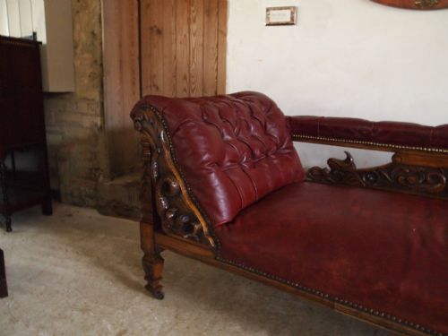 fig 1. Chaise Long sofa settee Victorian carved Oak and leather country house c1870