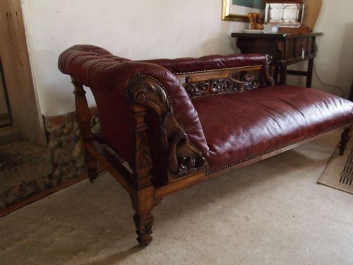 fig 2. Chaise Long sofa settee Victorian carved Oak and leather country house c1870